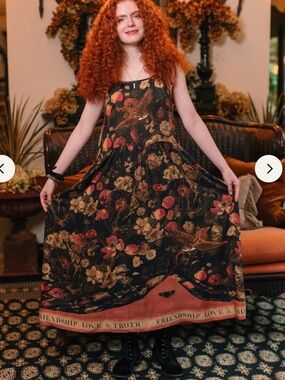 Market Of Stars Heart of Gold Boheme Bamboo Slip Dress Maxi Print L / XL NWT